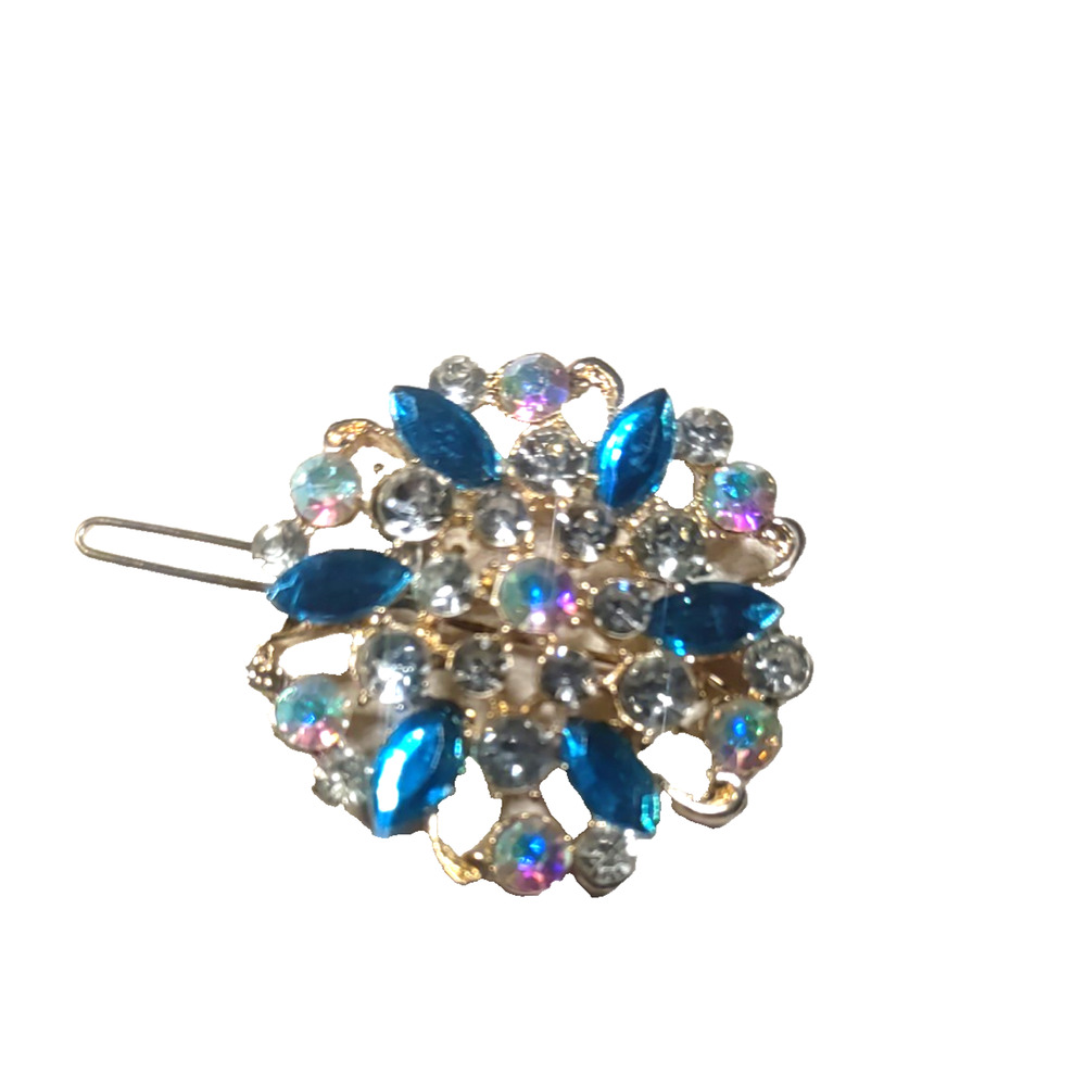 Aqua Blue Clear Rhinestone Gold Tone Hair Barrette Clip Metal Feminine Romance